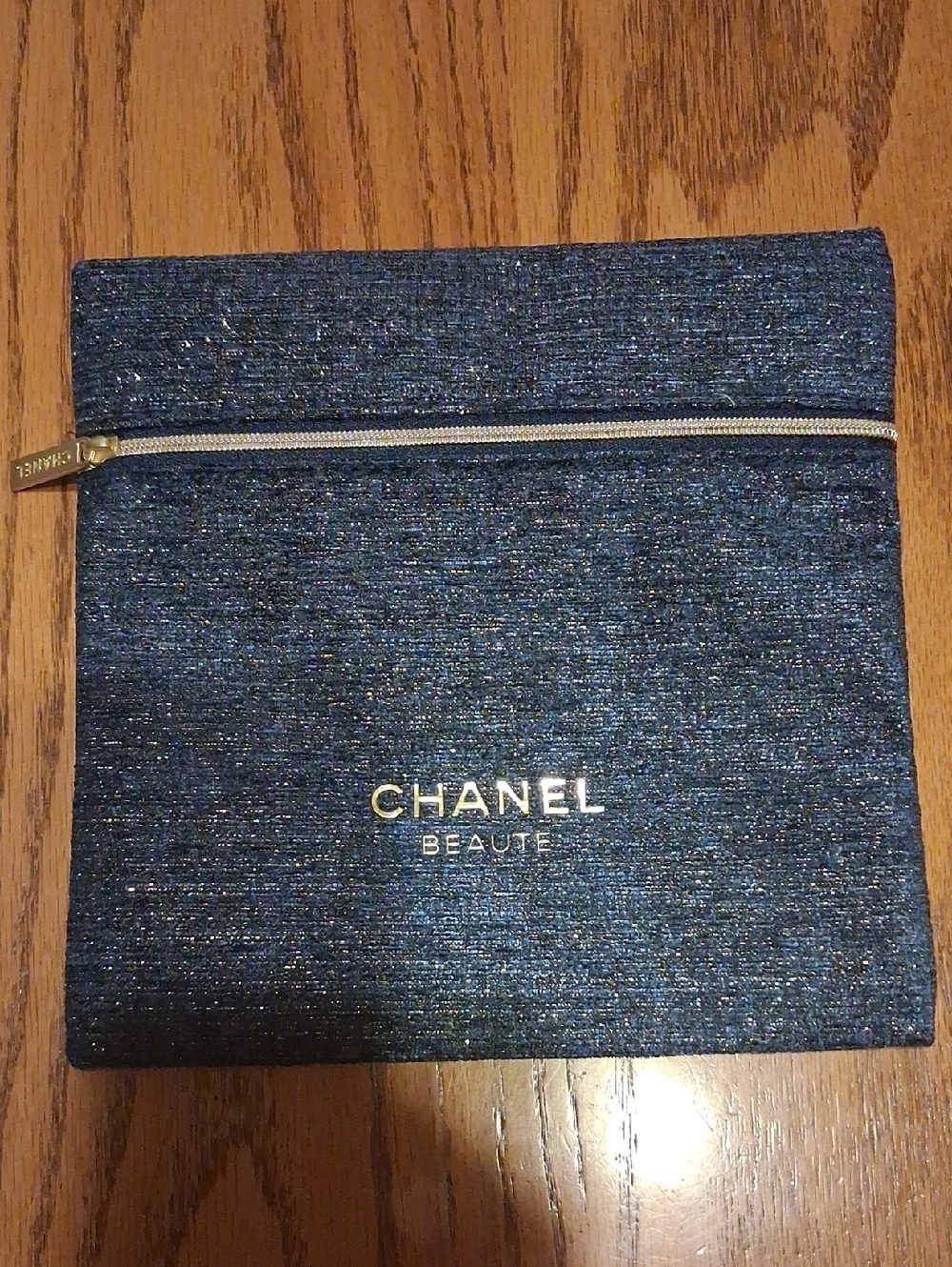 CHANEL Navy Sparkle Cosmetic Pouch Clutch with Gold Logo